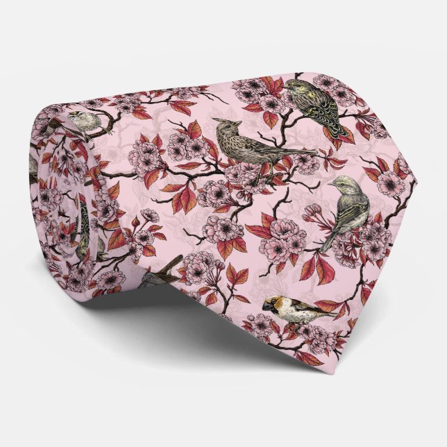 Birds and cherry blossom on rose pink tie (Rolled)