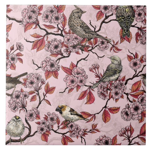 Birds and cherry blossom on rose pink tile (Front)