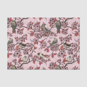 Birds and cherry blossom on rose pink tissue paper