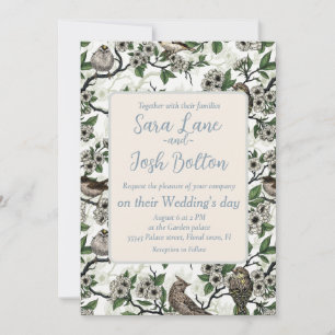Birds and cherry blossom on white invitation