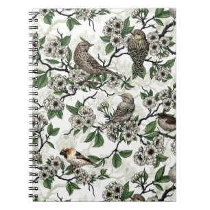 Birds and cherry blossom on white notebook