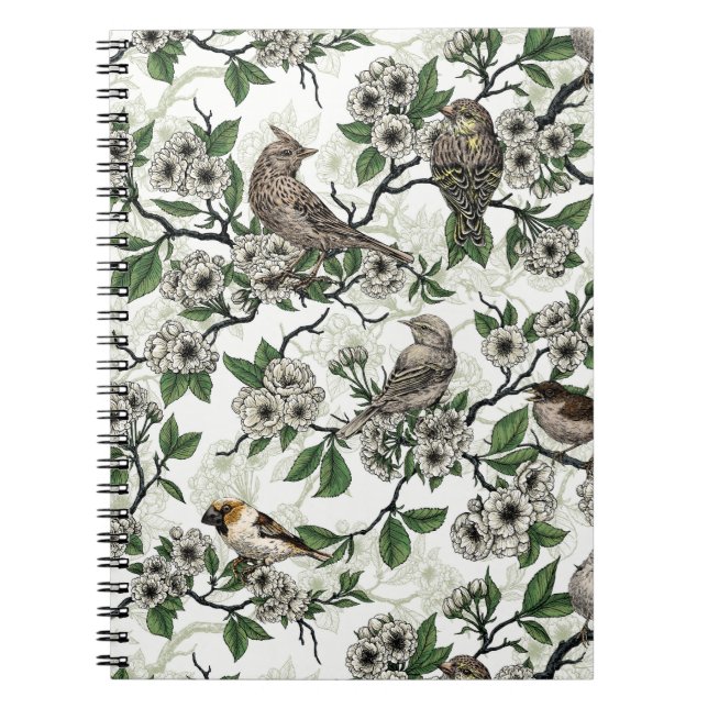 Birds and cherry blossom on white notebook (Front)