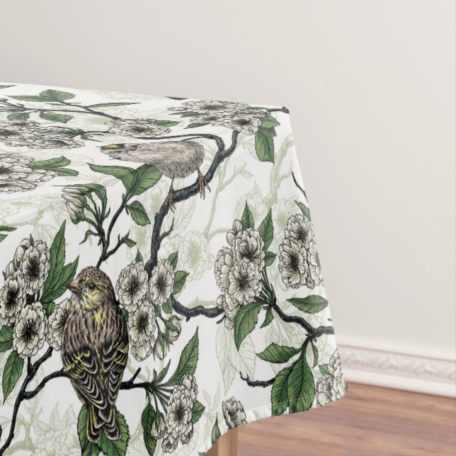 Birds and cherry blossom on white tablecloth (In Situ)