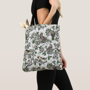 Birds and cherry blossom on white tote bag