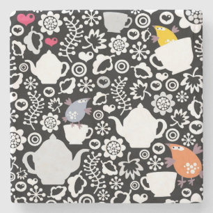 Birds and cups pattern stone coaster