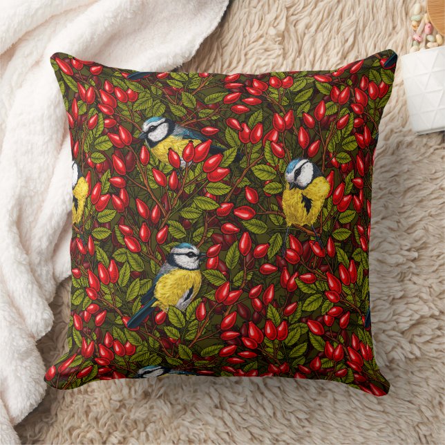 Birds and dog rose hips, green and red cushion (Blanket)