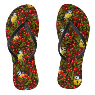 Birds and dog rose hips, green and red jandals