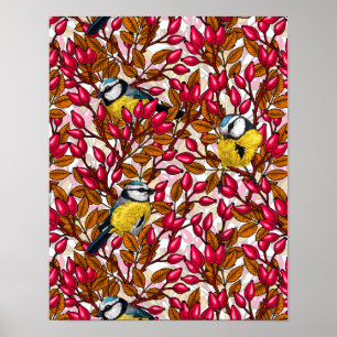 Birds and dog rose hips poster