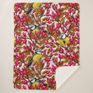 Birds and dog rose hips sherpa blanket