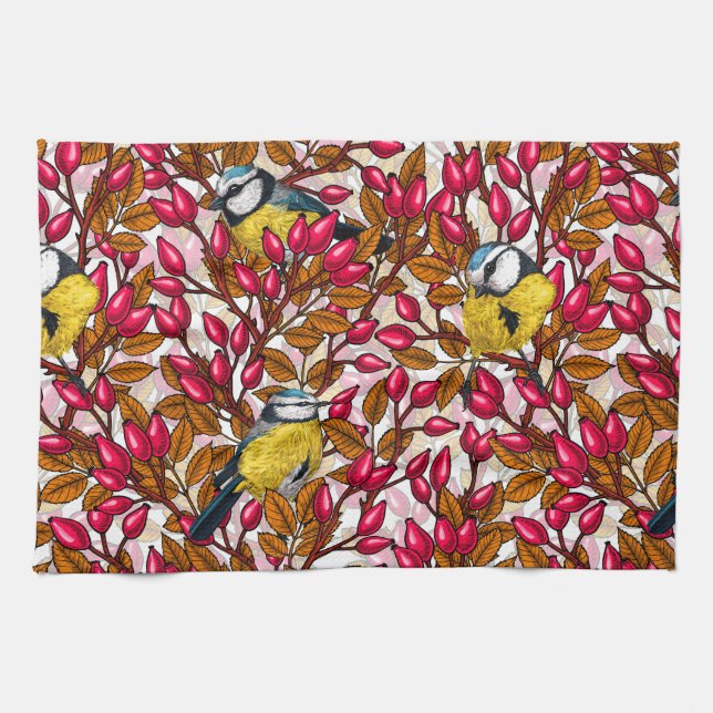 Birds and dog rose hips tea towel (Horizontal)