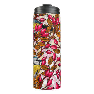 Birds and dog rose hips thermal tumbler