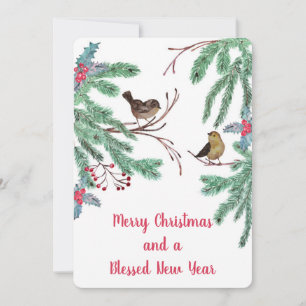 Birds and Evergreen Leaves Berries Christmas Holiday Card