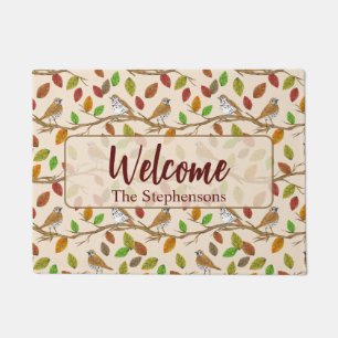 Birds and fall leaves custom family name welcome doormat