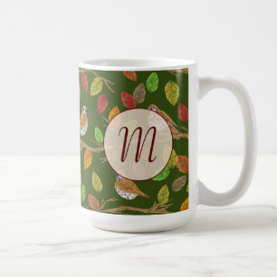 Birds and fall leaves custom initial monogram coffee mug
