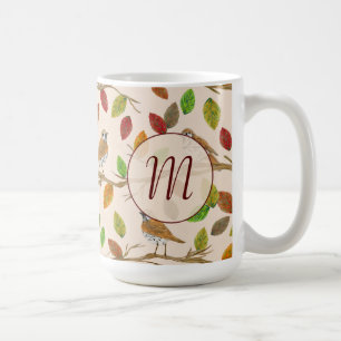 Birds and fall leaves custom initial monogram coffee mug
