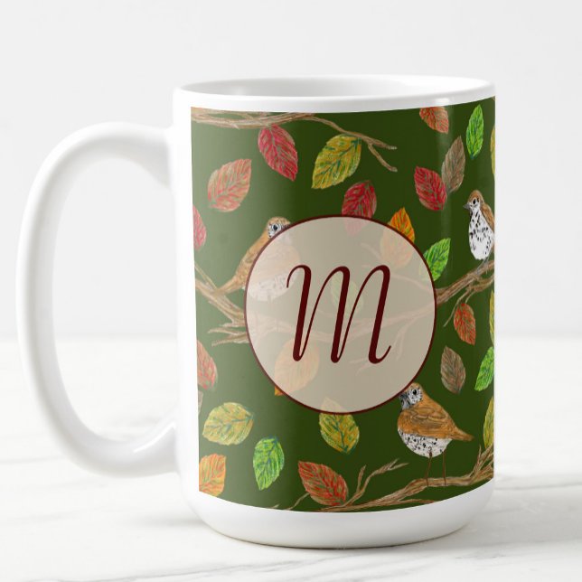Birds and fall leaves custom initial monogram coffee mug (Creator Uploaded)
