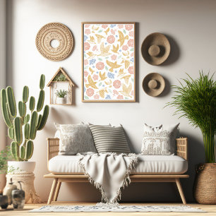 Birds and Florals Hand Drawn Art Poster