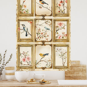 Birds and flowering branches (cherry or peach poster