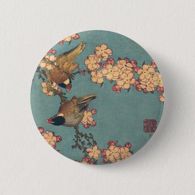 Birds and Flowers Japanese Art Pink Floral 6 Cm Round Badge (Front)