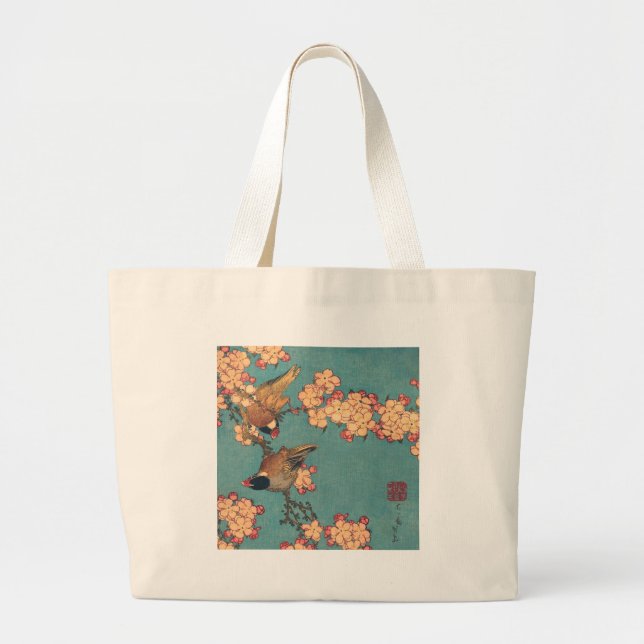 Birds and Flowers Japanese Art Pink Floral Large Tote Bag (Front)