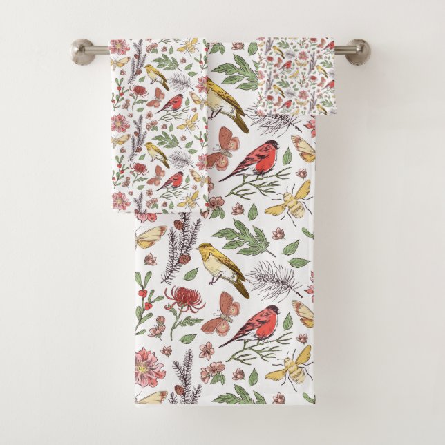 Birds and Flowers Pattern Bath Towel Set (Insitu)
