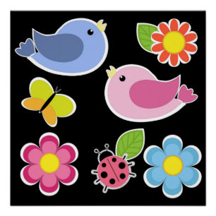 BIRDS AND FLOWERS PATTERN POSTER