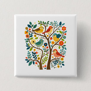 Birds and Flowers Scandinavian Folk Art 15 Cm Square Badge