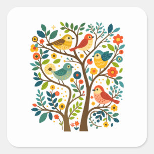 Birds and Flowers Scandinavian Folk Art Square Sticker
