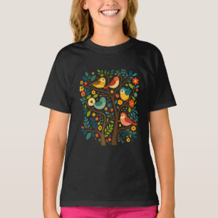 Birds and Flowers Scandinavian Folk Art T-Shirt