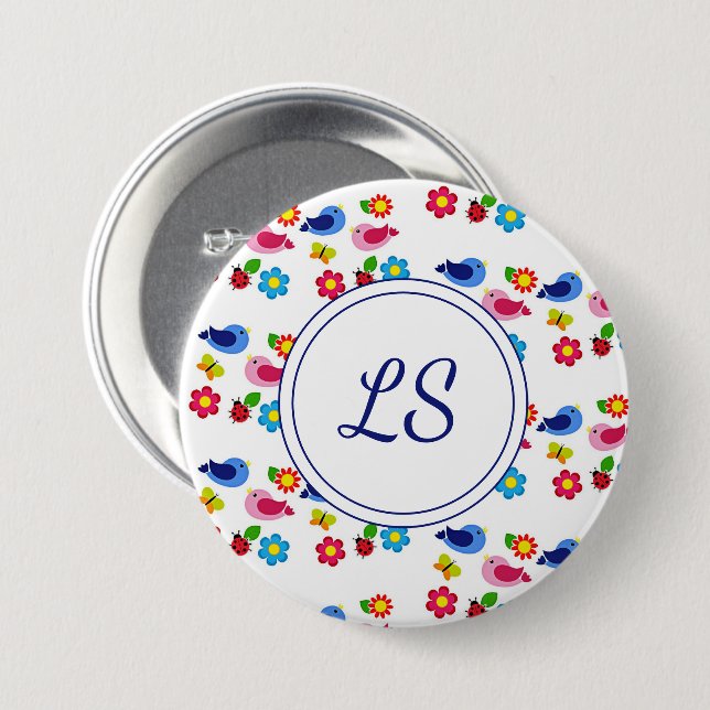 Birds and flowers spring pattern white 7.5 cm round badge (Front & Back)