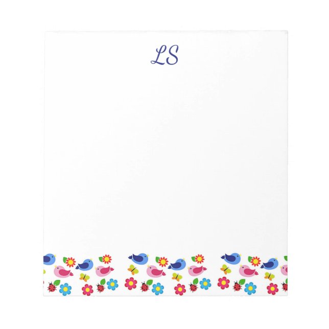 Birds and flowers spring pattern white notepad (Front)