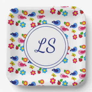 Birds and flowers spring pattern white paper plate