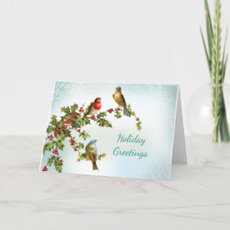 Birds and Holly Vintage Folded Holiday Card