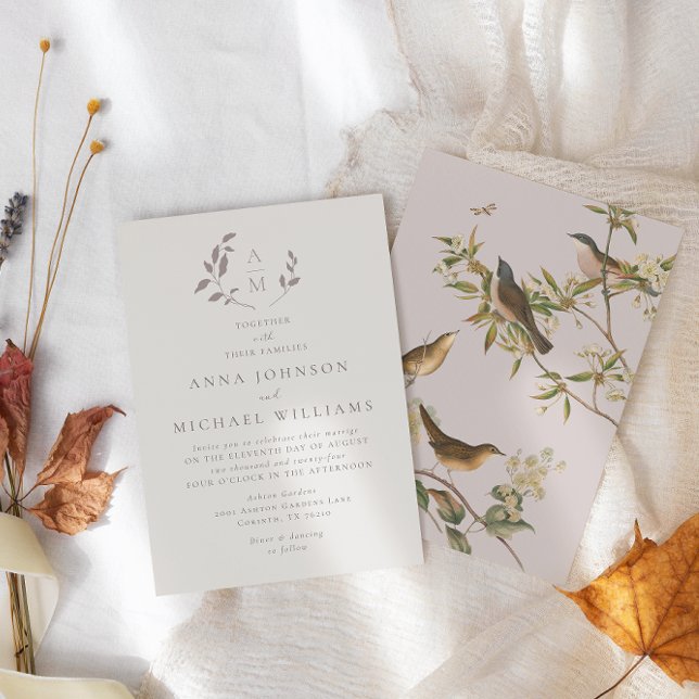 Birds and leaves romantic beige | pink wedding  invitation (Creator Uploaded)