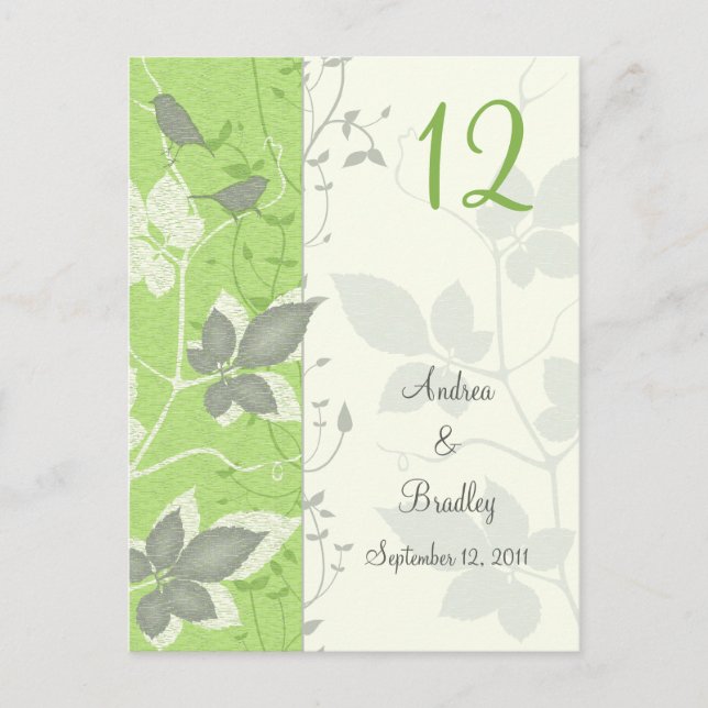 Birds and Leaves Wedding Table Number Card (Front)