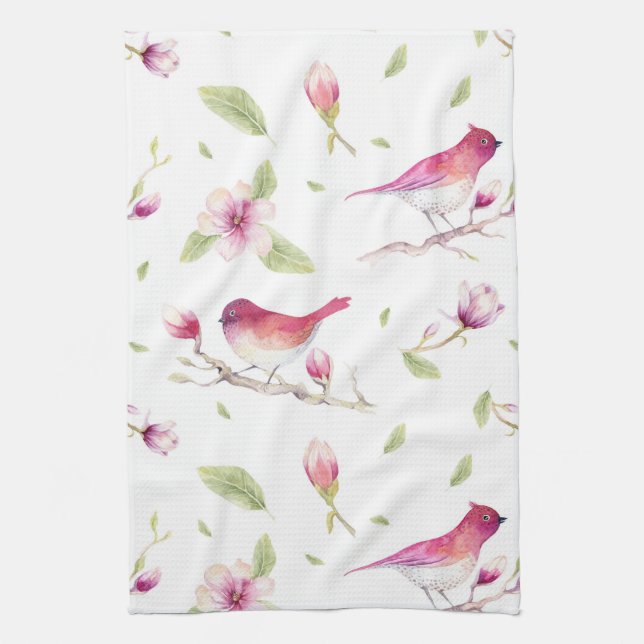 Birds And Magnolia Trees Tea Towel (Vertical)