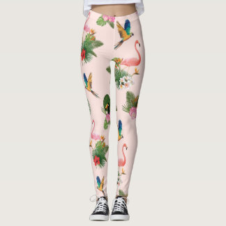 Birds and Palm Tree Leaves Pattern Leggings