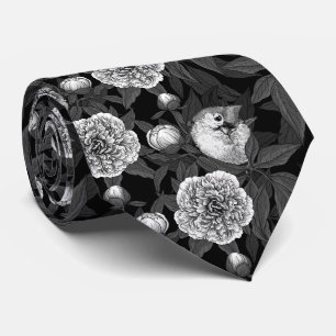Birds and peony flowers monochrome, gray tie