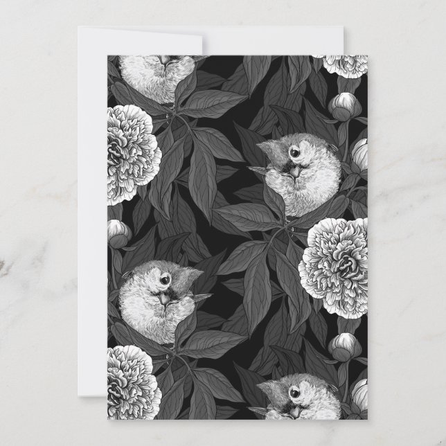 Birds and peony flowers monochrome, grey (Front)