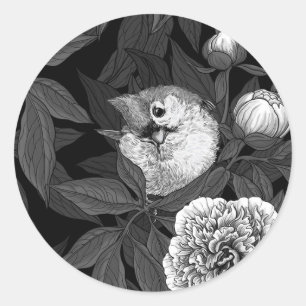 Birds and peony flowers monochrome, grey classic round sticker