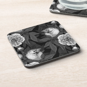 Birds and peony flowers monochrome, grey coaster