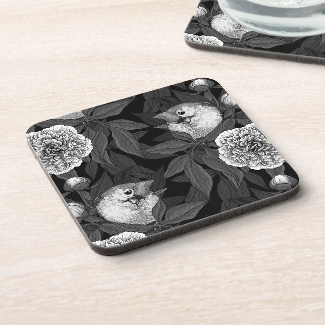 Birds and peony flowers monochrome, grey coaster (Left Side)