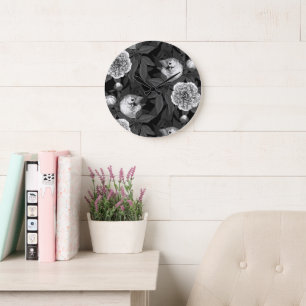 Birds and peony flowers monochrome, grey large clock