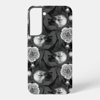 Birds and peony flowers monochrome, grey