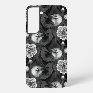 Birds and peony flowers monochrome, grey samsung galaxy case