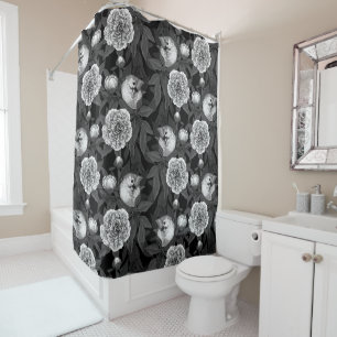 Birds and peony flowers monochrome, grey shower curtain