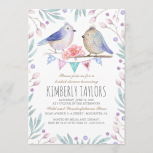 Birds and Pink Flowers Woodland Bridal Shower Invitation
