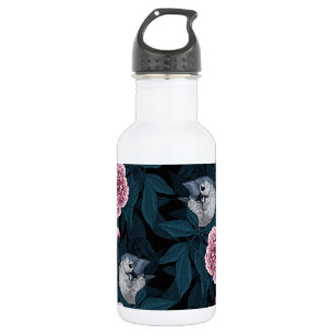 Birds and pink peony flowers with leaves 532 ml water bottle