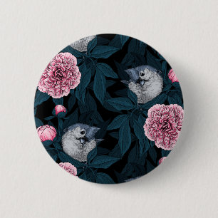 Birds and pink peony flowers with leaves 6 cm round badge