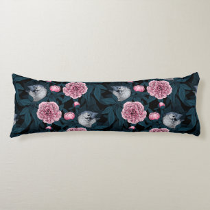 Birds and pink peony flowers with leaves body cushion